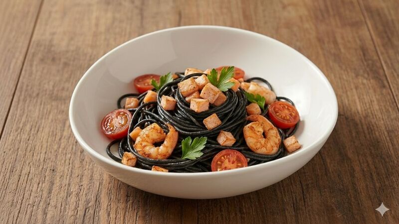 Spaguetti negro con salmón y gambas