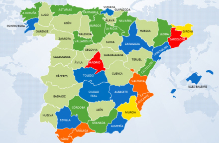 Kortet her viser, at de fleste bander holder til i Madrid, Barcelona, Valencia, Alicante, Málaga og Cádiz.